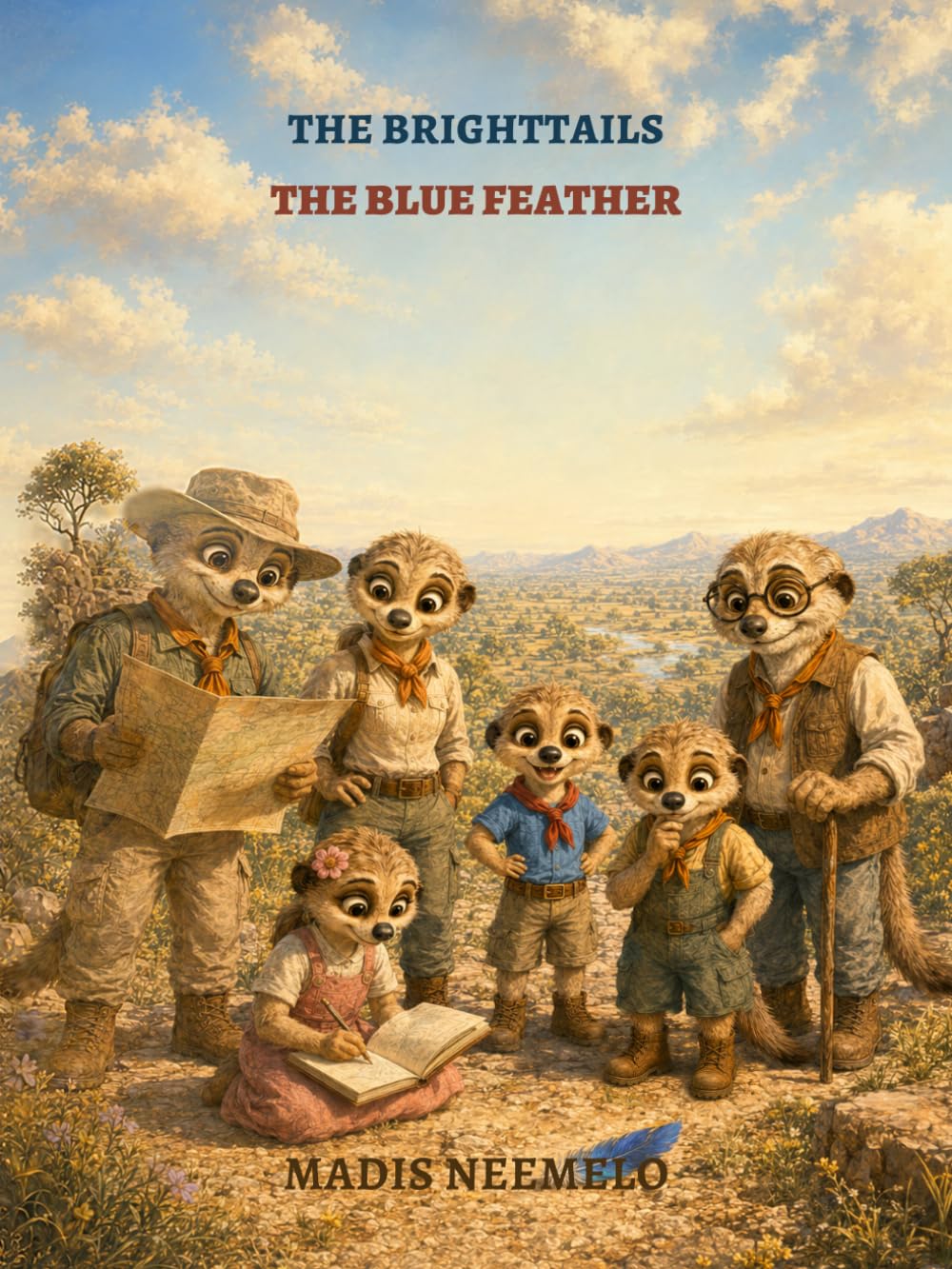 Front cover of THE BRIGHTTAILS: The Blue Feather by Madis Neemelo — six meerkat explorers with a map and field journal on a sunlit valley ridge.