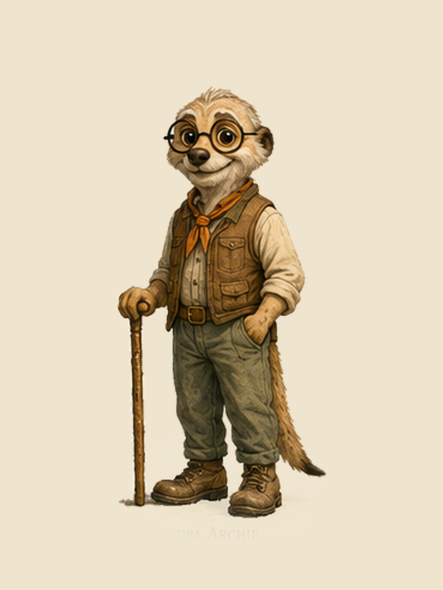 Grandpa Archie Brighttail, the storyteller — an older meerkat with round glasses, a leather waistcoat and a walking stick.