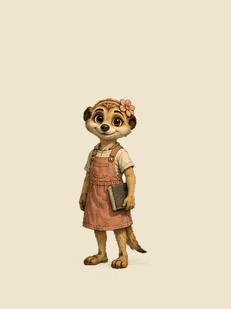 Daisy Brighttail, the big sister — a meerkat in a dusty rose pinafore with a flower behind her ear, holding a notebook.