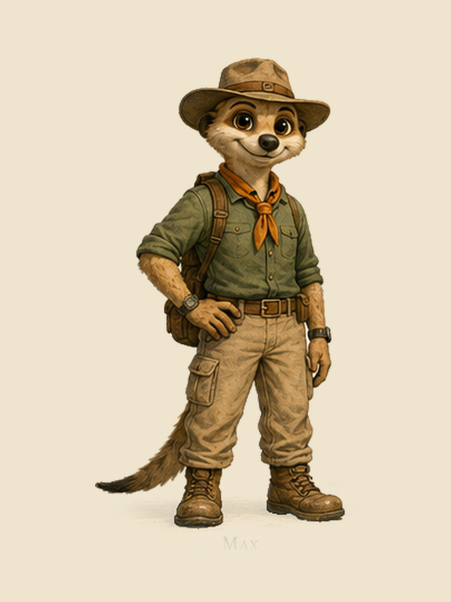 Max Brighttail, the dad and guide — a meerkat in a wide-brimmed explorer hat, olive shirt and orange neckerchief.