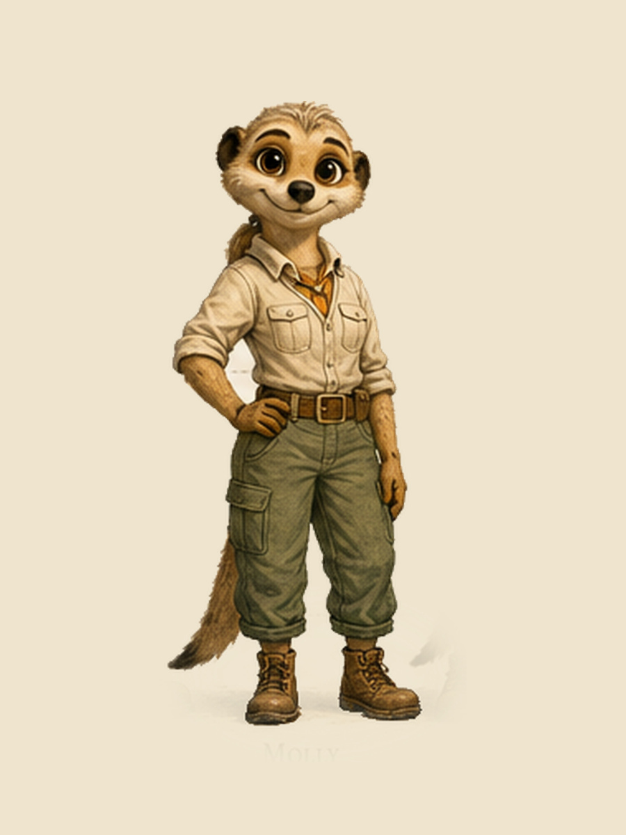 Molly Brighttail, the mum and caregiver — a meerkat in a light safari shirt and olive trousers.