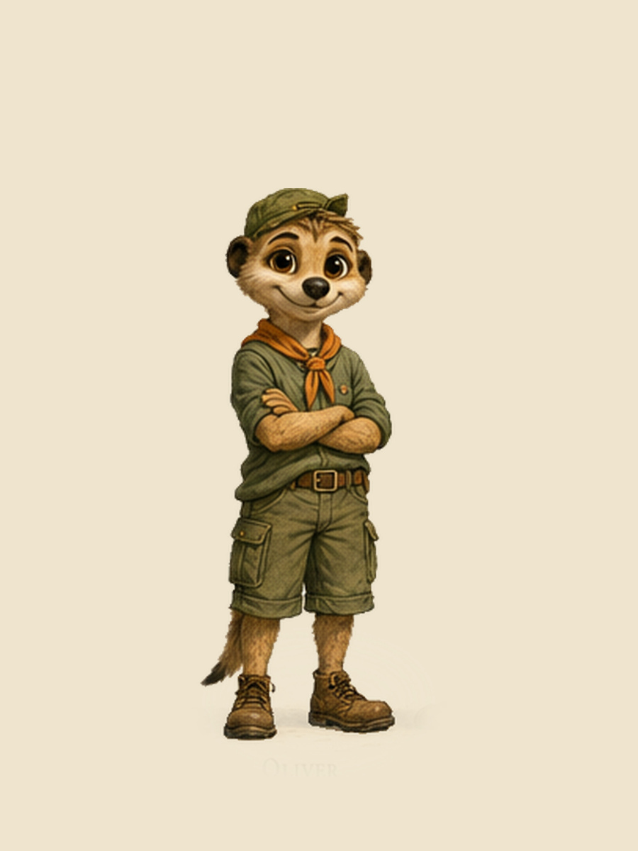 Oliver Brighttail, the big brother — a meerkat in a green cap, green shirt and olive shorts, arms folded.