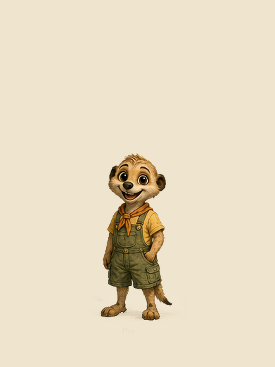 Pip Brighttail, the little brother — a small meerkat in green dungarees and a yellow tee with an orange neckerchief, grinning.