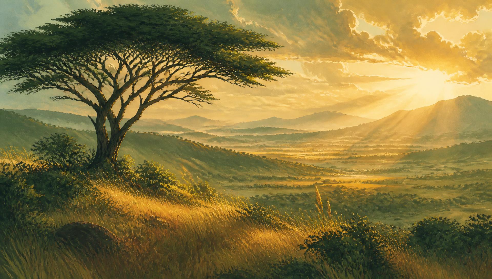 Illustrated golden-hour view across Kijani Valley with a great acacia tree