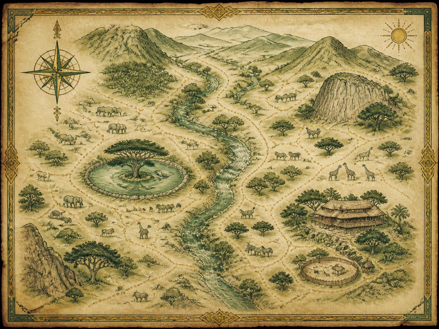Illustrated placeholder map of Kijani Valley showing hills, a river, an acacia grove and a lodge